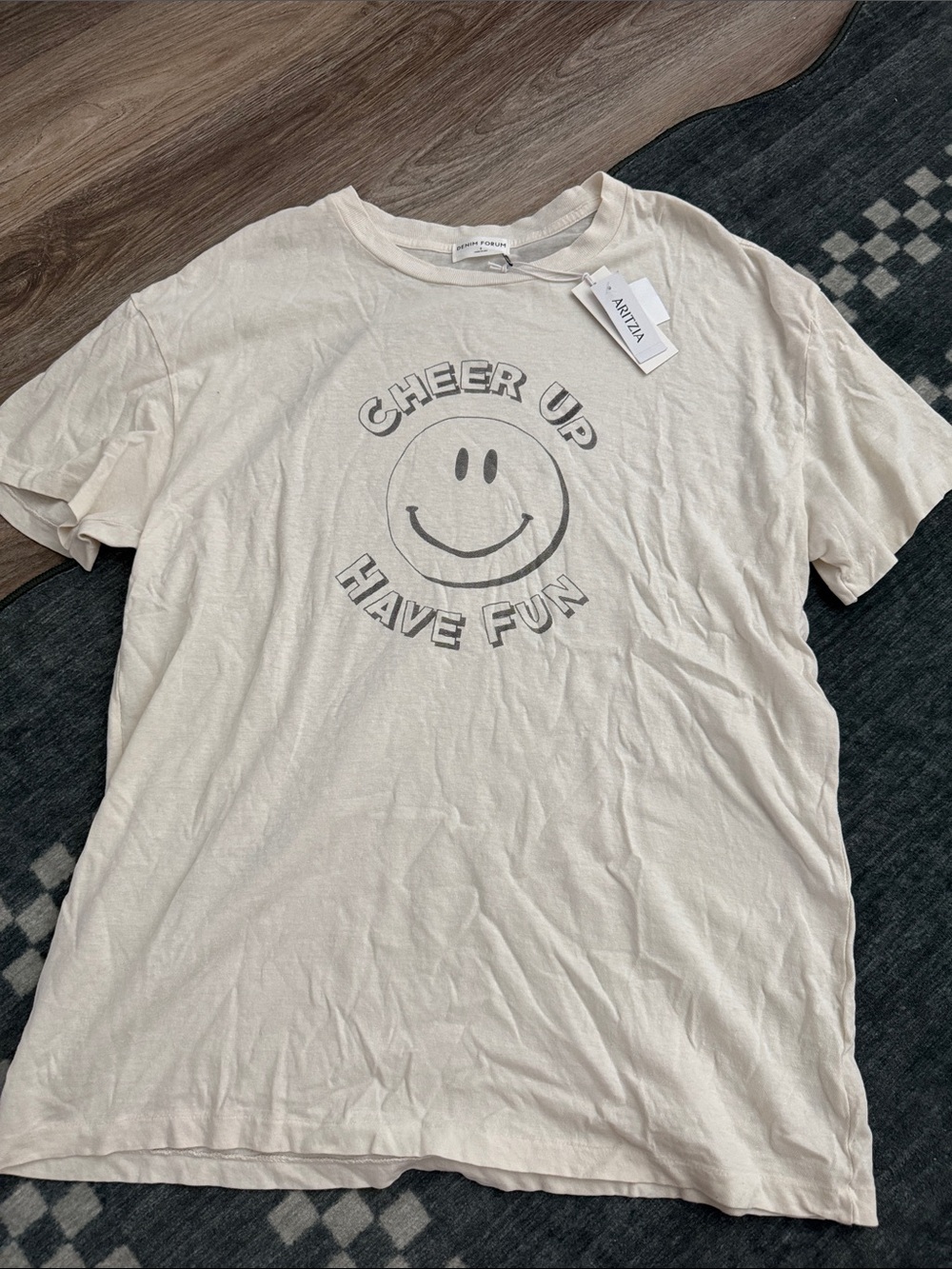 Aritzia Denim Form Cream Graphic 'Cheer Up Have Fun' Short Sleeve Tee Sz 3